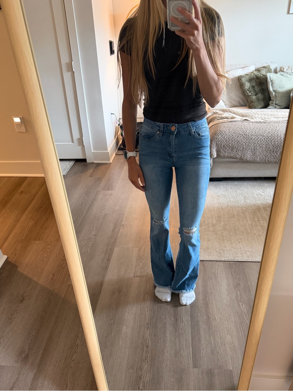 YMI Light Blue Distressed Flare Jeans for Women